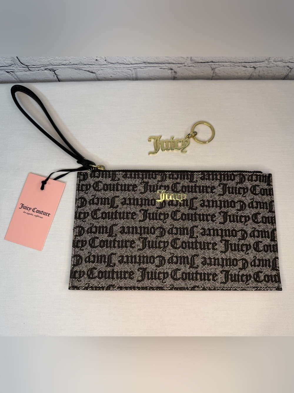 NWT Juicy Couture Black Logo Wristlet with Gold Emblem